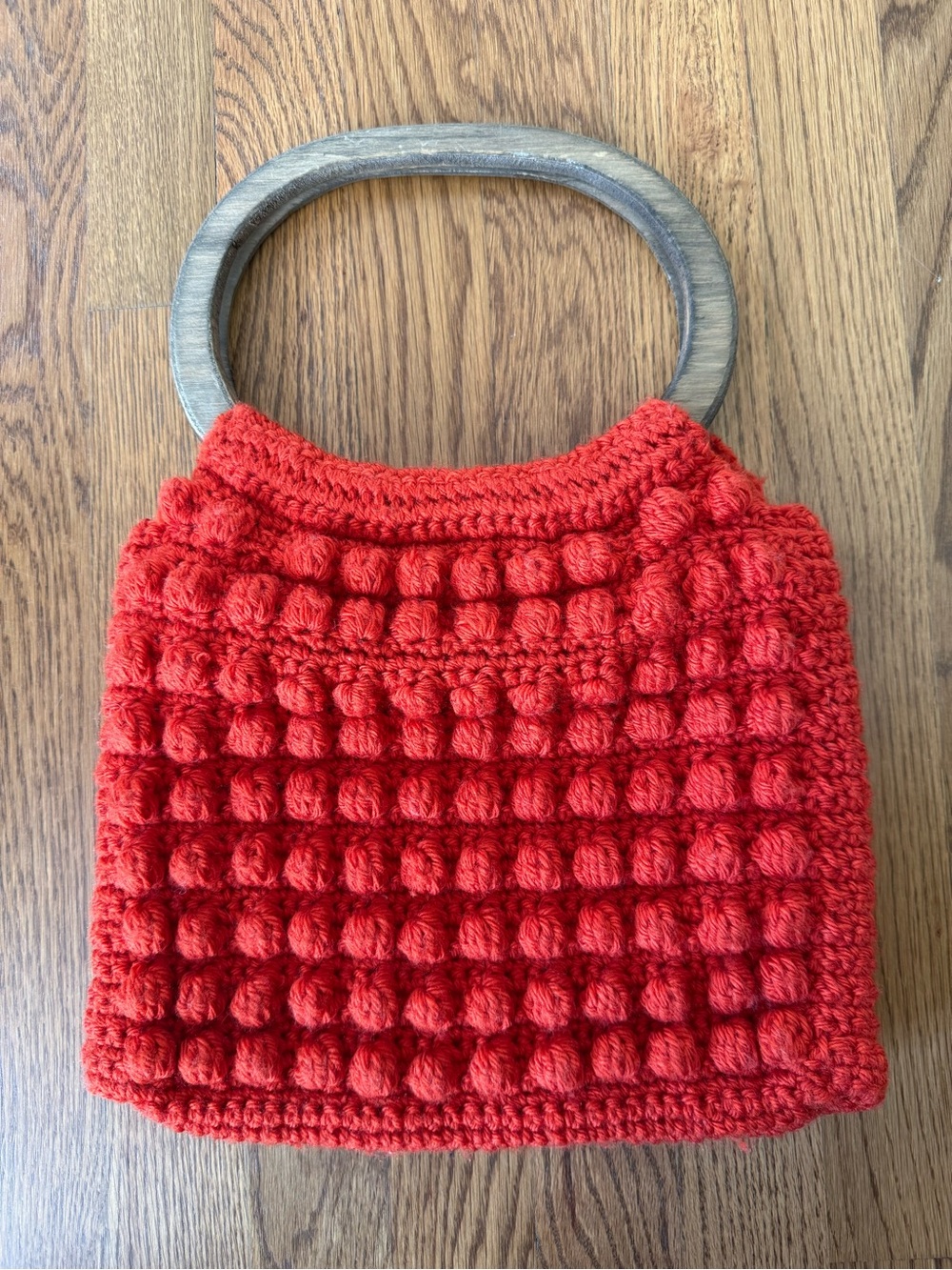 Orange Crochet Handbag Bobble Stitch Wooden Handles Lined Boho Handmade Purse